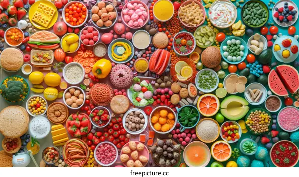 A colorful variety of food items displayed together