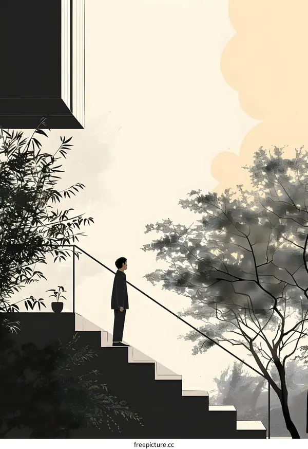 man looking at the scenery on the top of the stairs