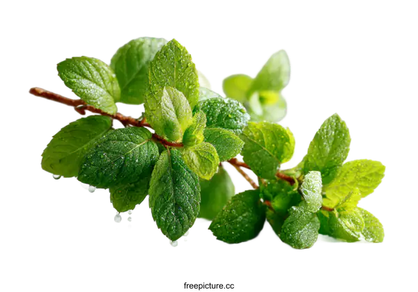 [Transparent Background PNG]Fresh Mint Leaves with Water Droplets on a Grey Surface
