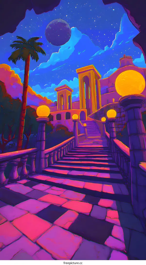 Fantasy Night Scene with Stone Stairs and Palm Tree