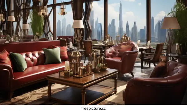 Luxurious Living Room Interior with Dubai Skyline View