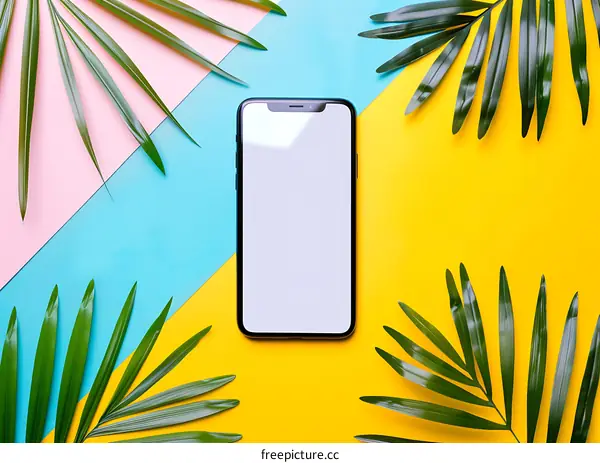 Smartphone on Tropical Background with Green Palm Leaves