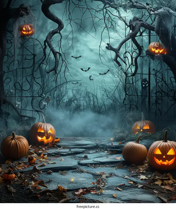 Spooky Halloween night background with pumpkins and bats
