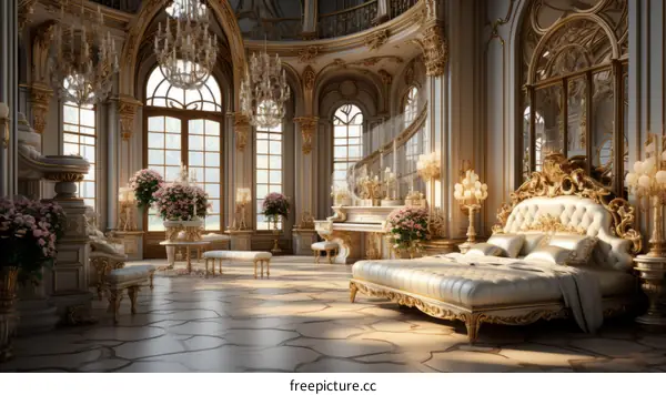 Ornate bedroom with a golden bed and pink flowers