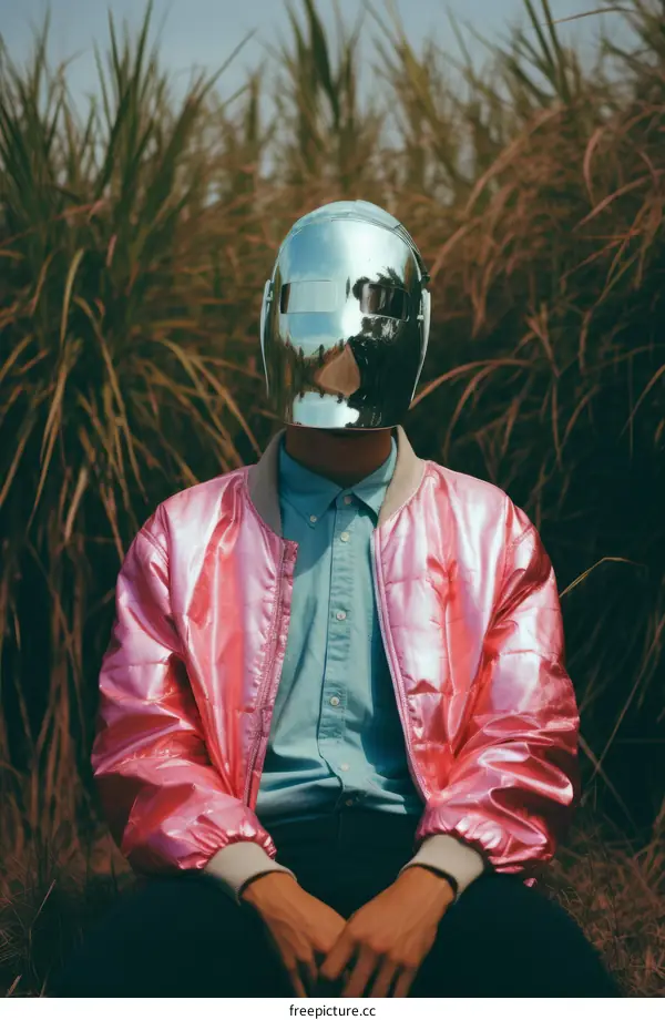 man in pink jacket and reflective helmet sits in tall grass field