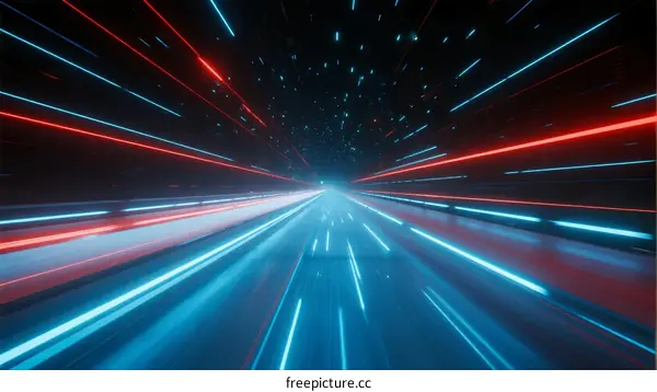 Fast-moving neon light trails creating dynamic speed effect in dark space