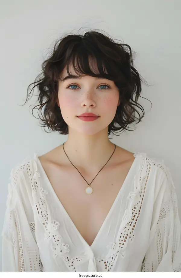 Portrait of a Young Woman with Curly Hair and Freckles