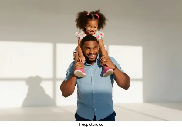 A father carrying his little daughter on shoulders with joy