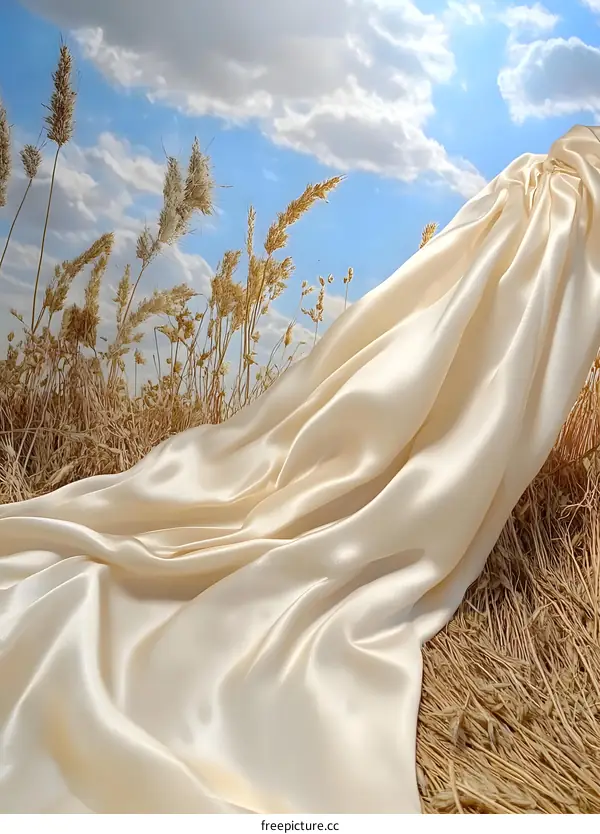 Cream Silk Fabric Draped Over Dried Grass Under a Blue Sky