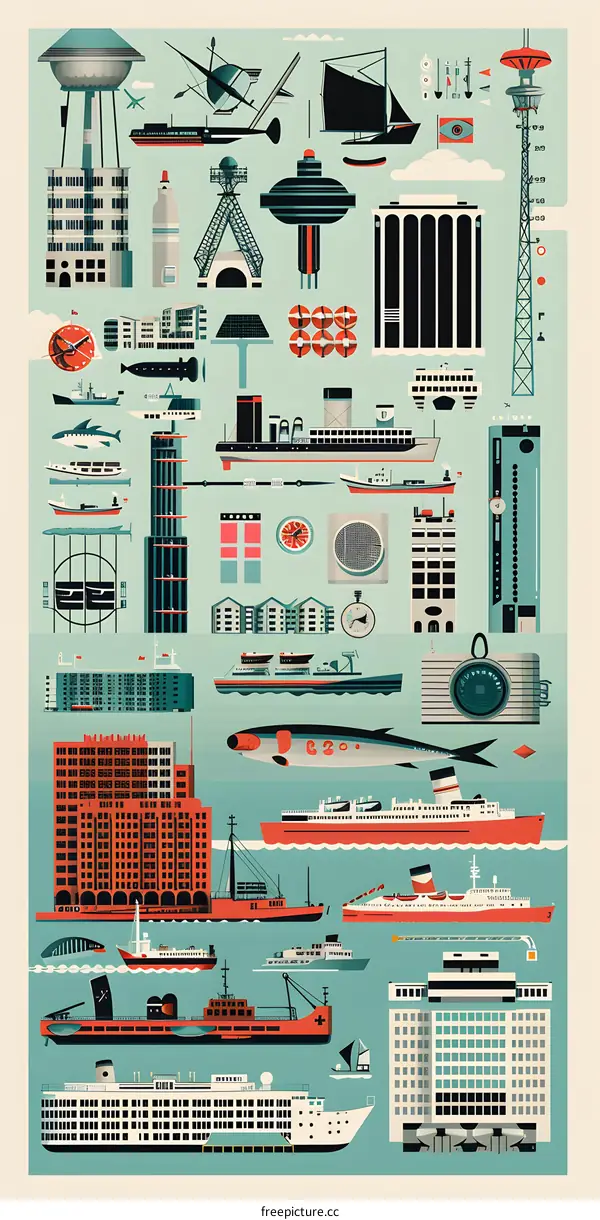 Cityscape and Transportation Illustration with Buildings, Boats, and Aircraft
