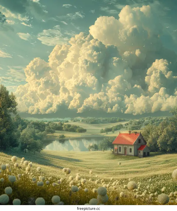 Serene Cottage in a Lush Valley with a Majestic Cloud