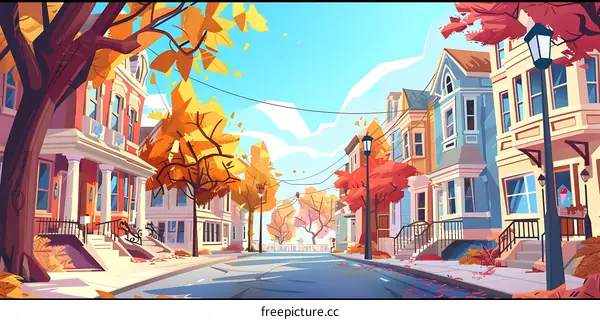 Autumn Street with Colorful Houses and Trees