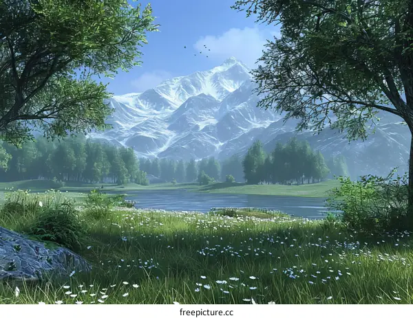 Breathtaking Mountain Lake in Serene Valley with Vibrant Flora