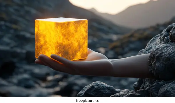 Radiant Cube Held in Hand Against a Mountainous Landscape