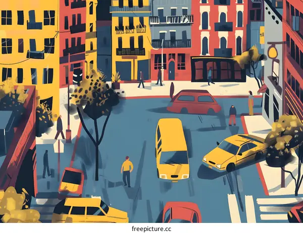 Colorful Illustration of a City Street with People and Cars