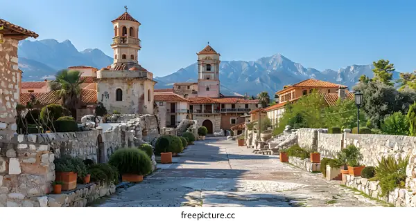 Stone Street Pathway Leading To Church In Mountain Village
