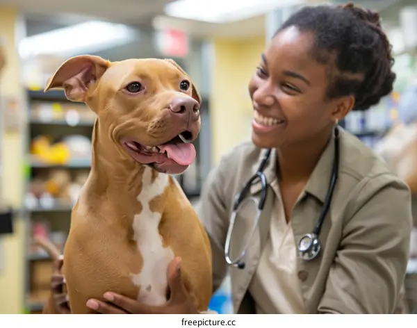 Smiling veterinarian with a happy dog