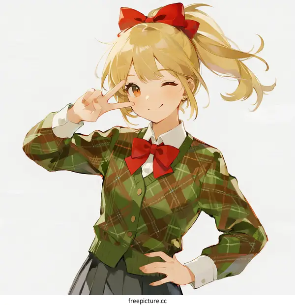 Anime girl with red bow in green plaid uniform making peace sign