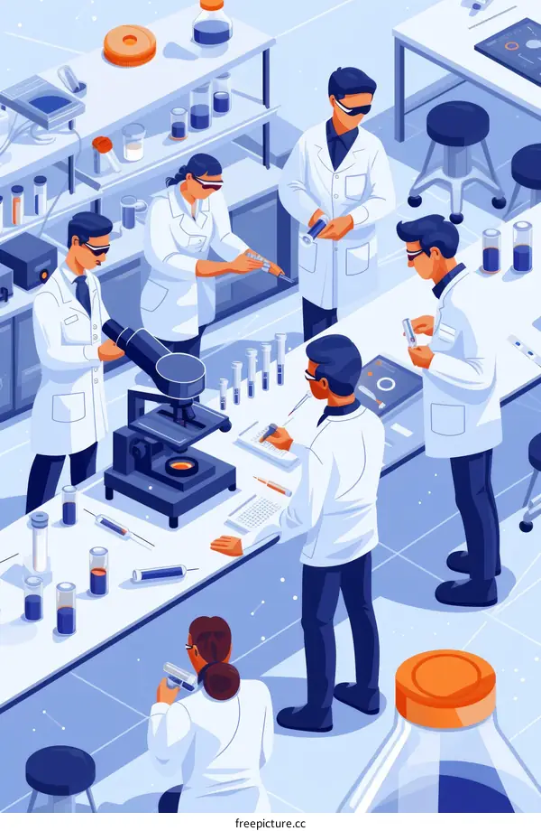 Scientists in lab coats work in a lab with microscopes and other equipment