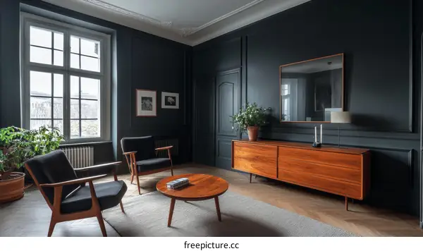Dark Modern Living Room with Mid-Century Furniture