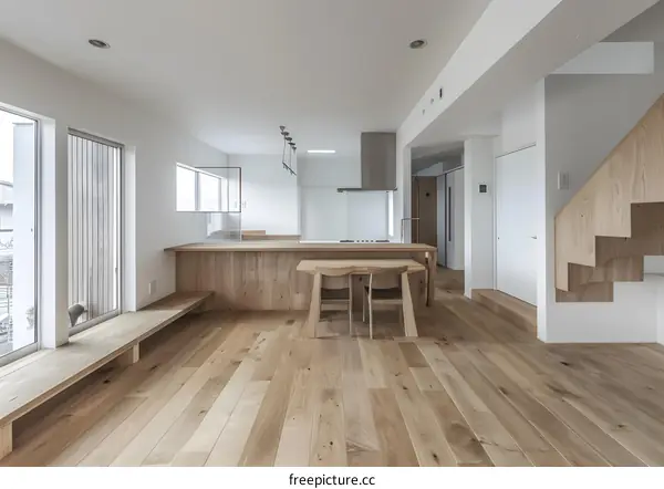 Modern Kitchen Design with Wooden Floors and Natural Light