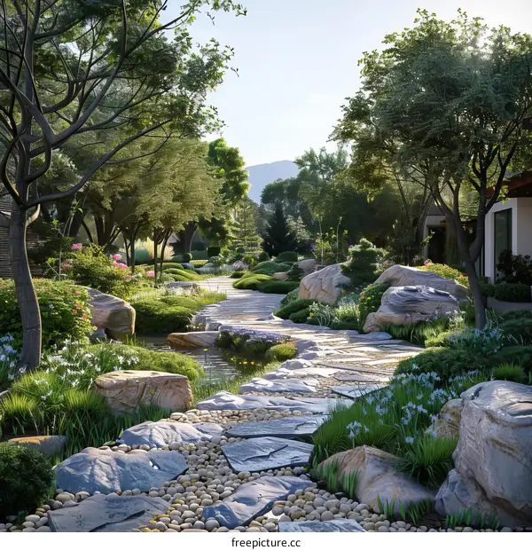 Tranquil Asian Garden with Winding Stone Path