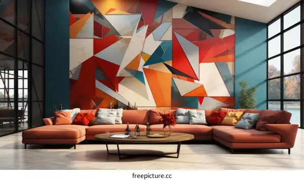 Modern Living Room Interior with Geometric Art on the Wall