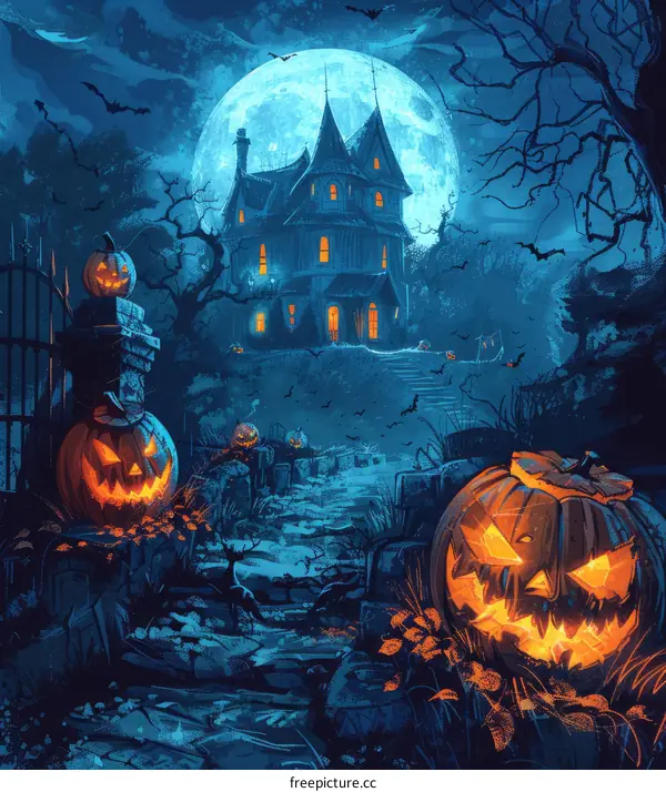 A haunted house with pumpkins and a full moon