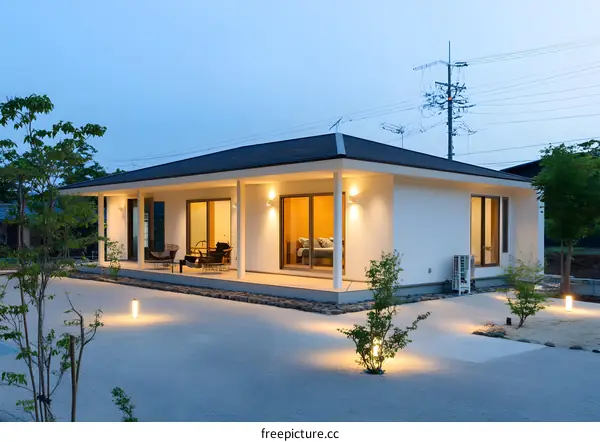 Modern White House with Outdoor Lighting at Dusk