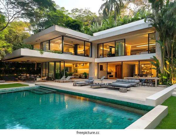 Modern Concrete House with Pool and Tropical Garden