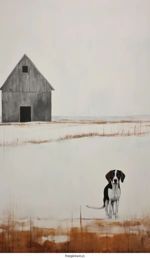 Beagle Dog in a Snowy Farm Scene