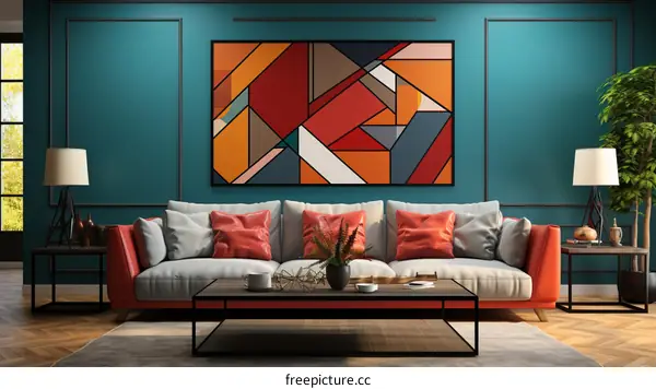 A Geometric Painting Enhances the Stylish Living Room