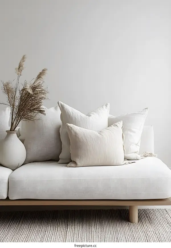 Minimalist Living Room Interior Design With White Sofa and Pillows