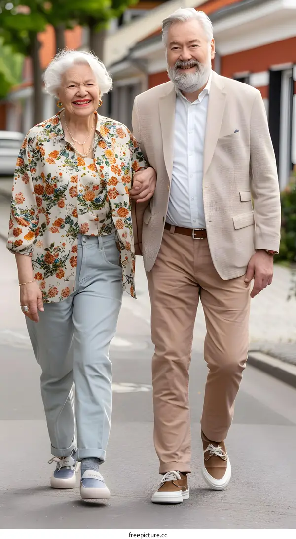 Happy Senior Couple Walking Down the Street Holding Hands