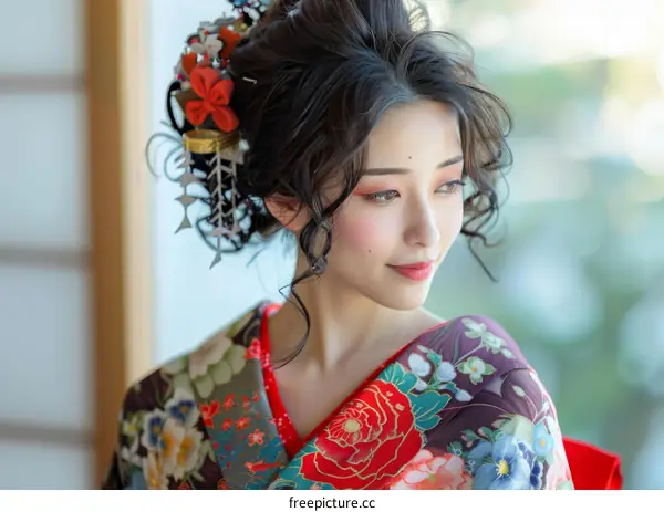 Portrait of a beautiful Japanese woman in traditional kimono