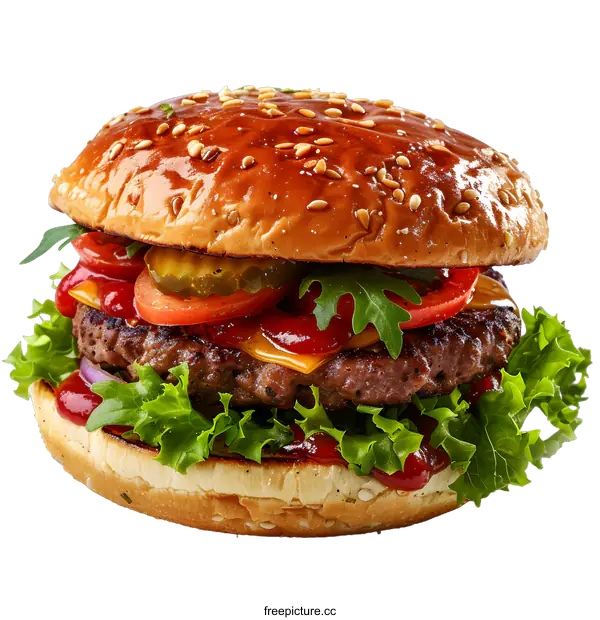 [Transparent Background PNG]yummy cheeseburger with pickles, tomato and lettuce