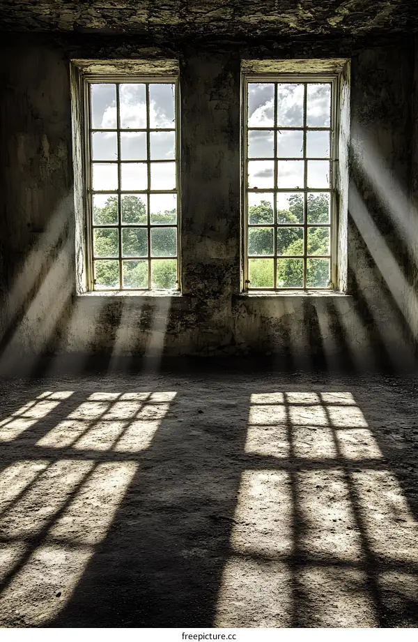 Sunlight Through Old Windows In Abandoned Building
