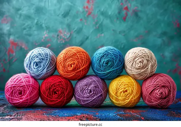 colorful yarn balls on blue background