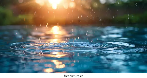 Water Droplets Falling into Swimming Pool with Sunset Blurry Background