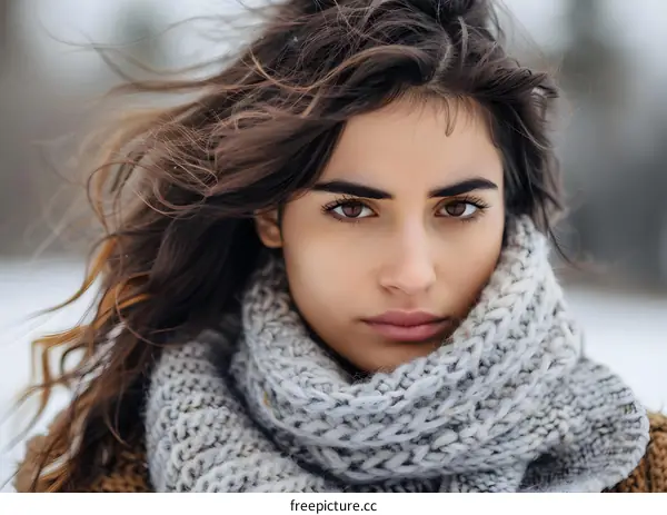 Portrait of a Beautiful Woman Wearing a Knitted Scarf