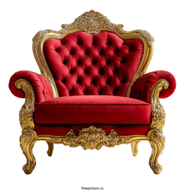 [Transparent Background PNG]Luxurious Red Velvet Throne Chair with Ornate Gold Carvings