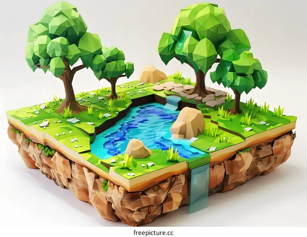 Low Poly Papercraft Landscape with Waterfall and River