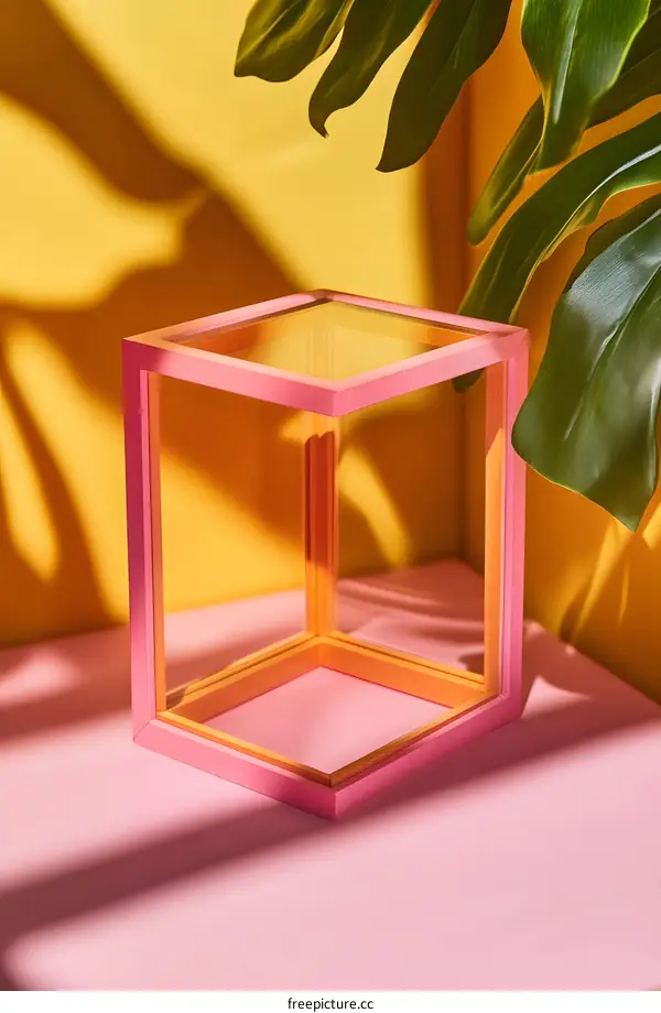 Pink and Yellow Minimalist Product Display with Glass Cube and Monstera Leaf Shadow