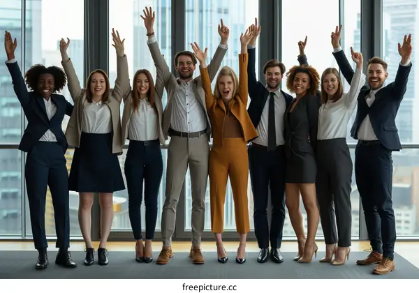 Group of diverse business people celebrating success in modern office