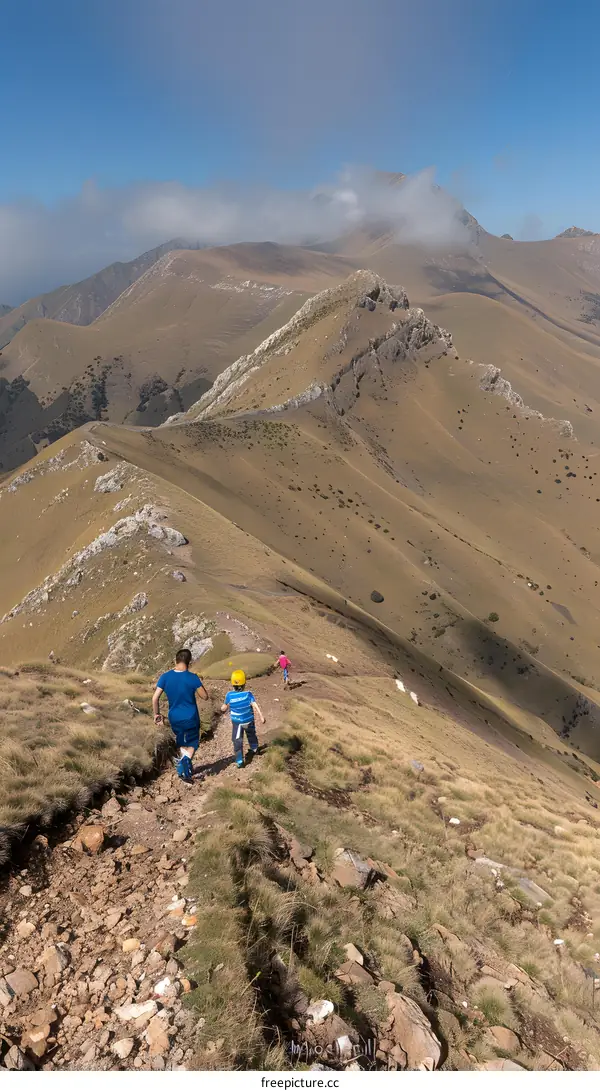 Family Hiking on Mountain Trail with Cloudy Sky