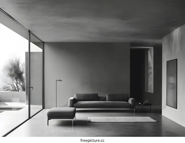 Modern Minimalist Interior Design With Gray Sofa and Ottoman