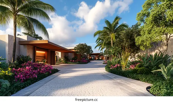 Tropical Resort Driveway with Lush Greenery and Palm Trees