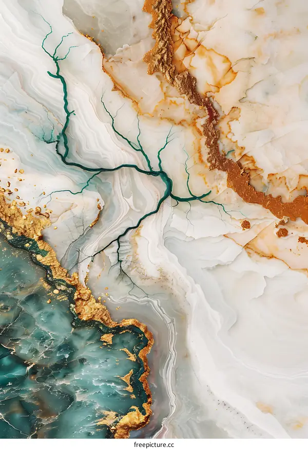 Abstract Marble Texture with Green Veins and Golden Glitter