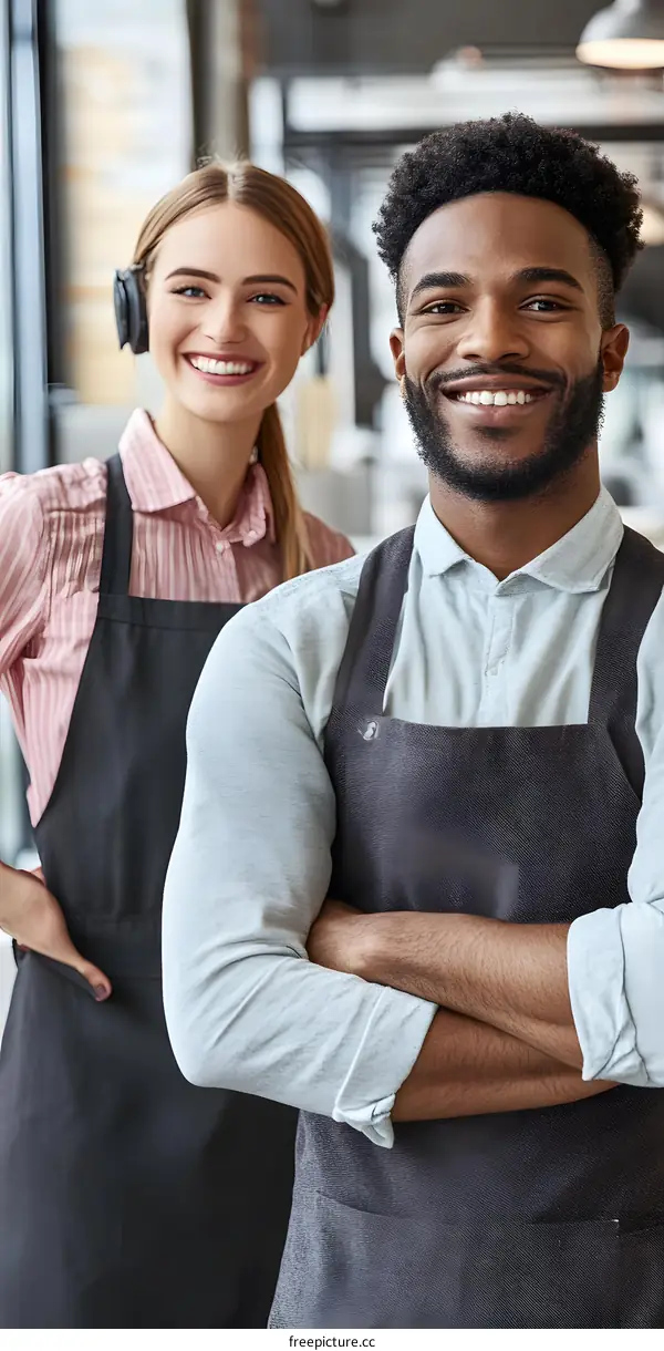 Smiling Diverse Team of Baristas in Aprons Working Together