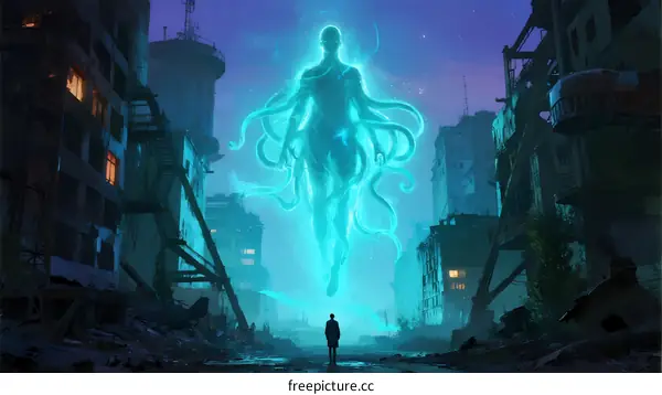 A Colossal Glowing Entity Towering Over a Post-Apocalyptic Cityscape